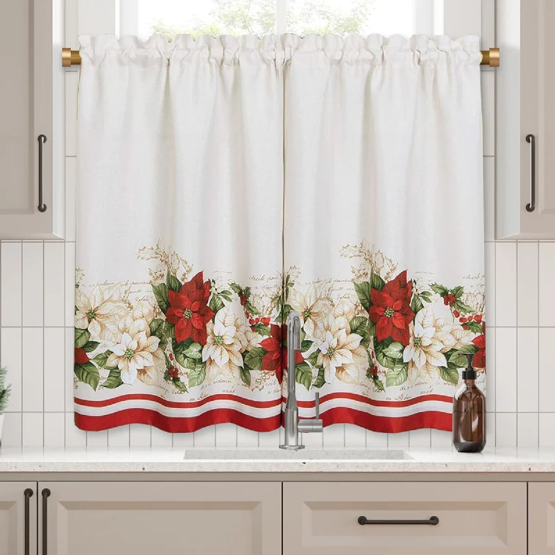 Red and White Poinsettia Kitchen Curtain Valance and Tier Set