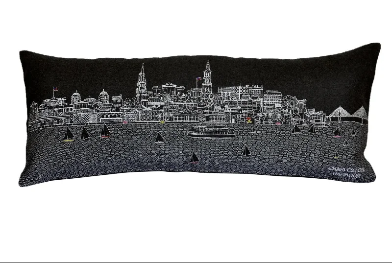 25" Black Charleston Nighttime Skyline Lumbar Decorative Pillow