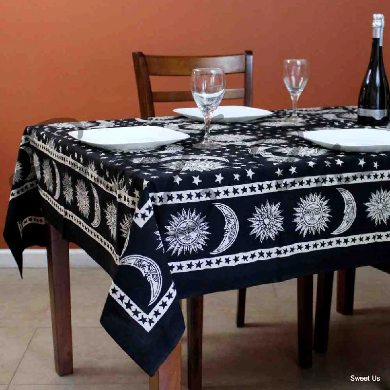 Cotton Celestial Tablecloth Rectangle Sun Moon Star Bed Sheet Black White