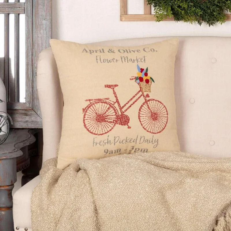 Farmer's Market Flower Market Pillow 18x18 barn red bicycle VHC Brands