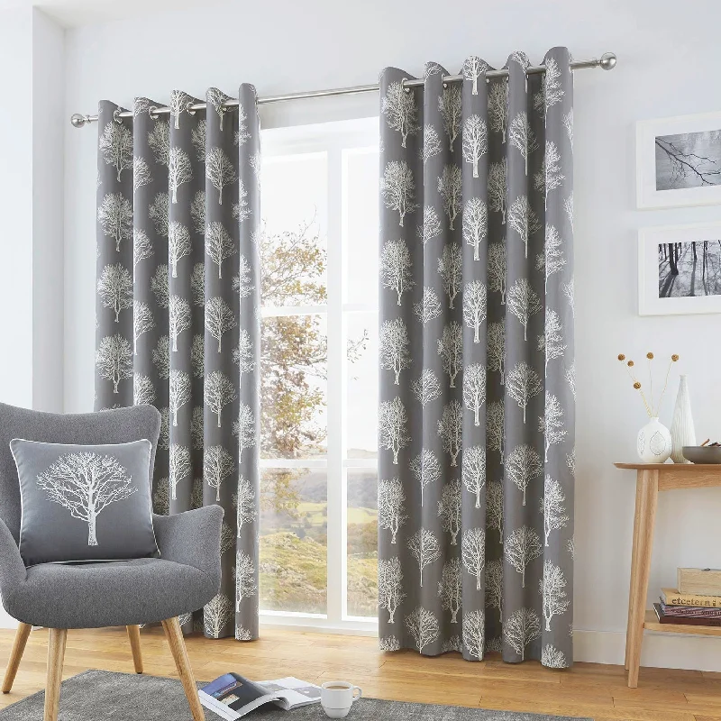 Woodland Trees Charcoal Grey Eyelet Curtains