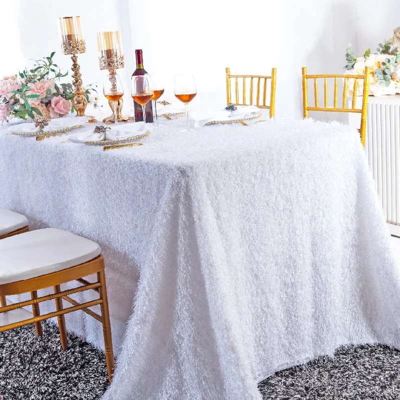 90"x132" Rectangular Shaggy Plush Fringe (200 GSM) Tablecloth - White (1pc)