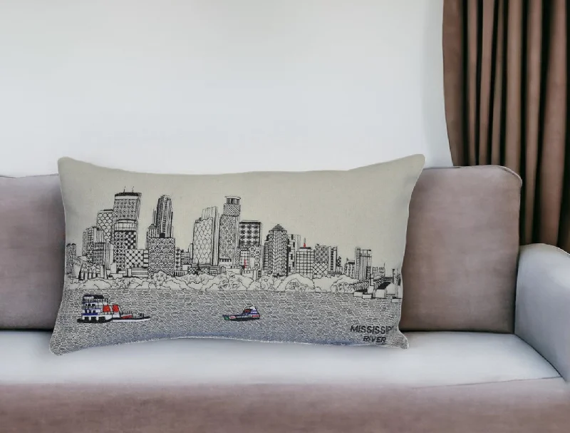 25" White Minneapolis Daylight Skyline Lumbar Decorative Pillow