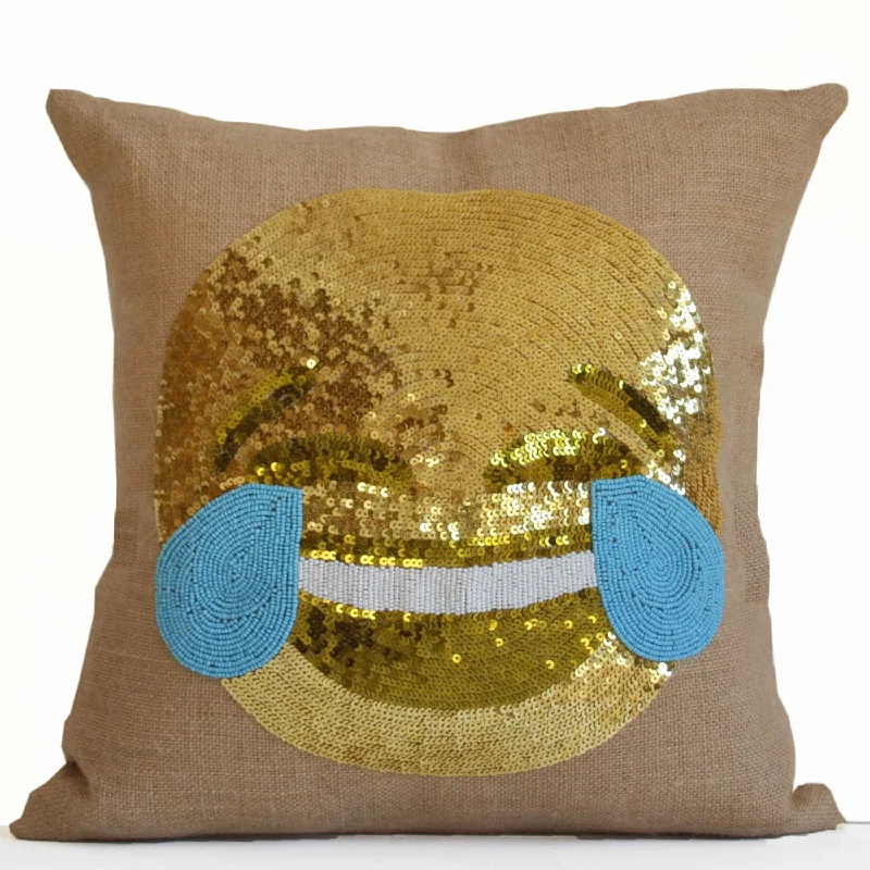 Smiley Face Pillows, Joy Pillows, Happy Face Throw Pillow Covers, Burlap Gold Pillows