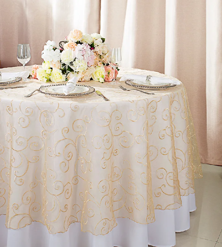 90" Seamless Round Embroidered Organza Tablecloth/Table Overlay - Champagne (1pc)