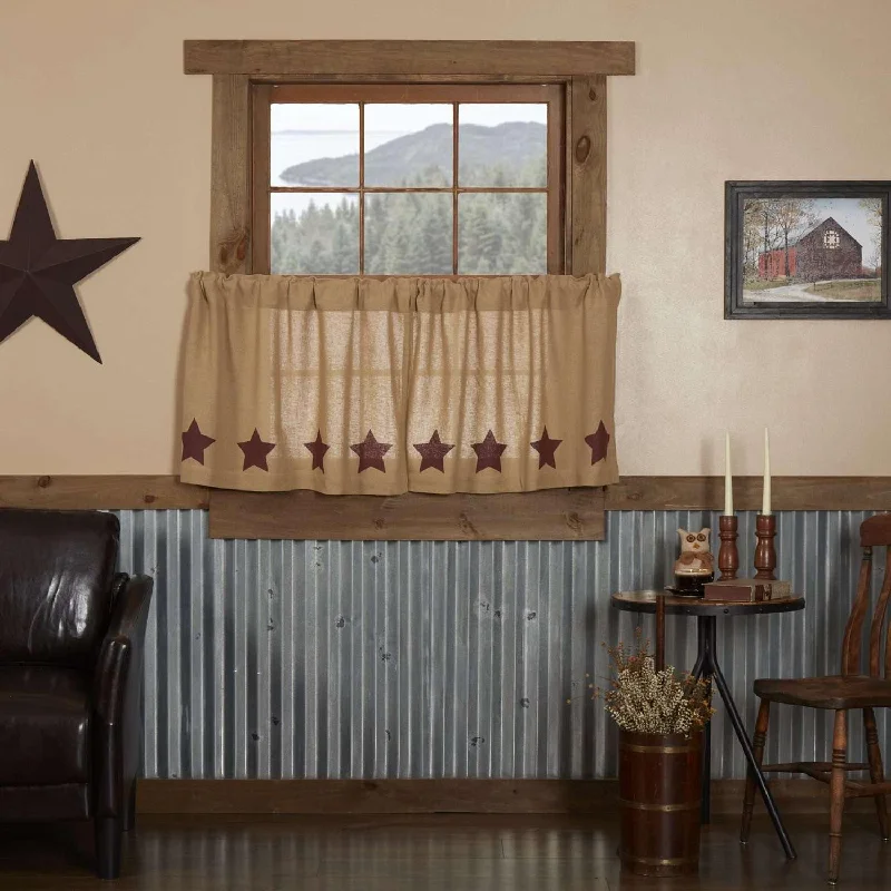 Burlap w/Burgundy Stencil Stars Tier Curtain Set of 2 L24xW36