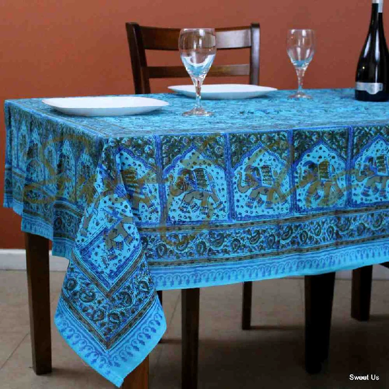 Cotton Elephant Paisley Floral Tablecloth Rectangle Bed sheet Full Turquoise Blue