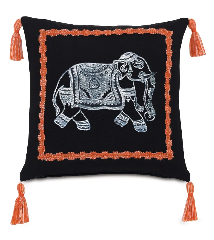 Block Printed Artisan Elephant Outdoor Throw Pillow Cover 18x18