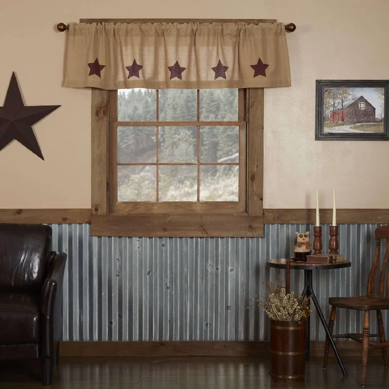 Burlap w/Burgundy Stencil Stars Valance Curtain 16x72