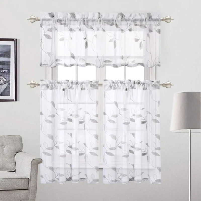 Leaf Embroidered Voile Sheer Kitchen Valances or Tier Curtains