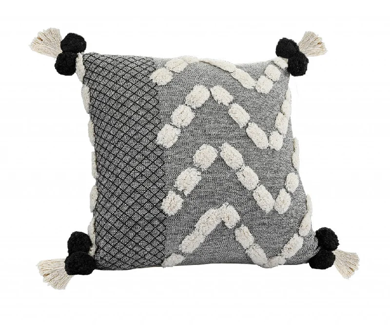 20" X 20" Black Gray And Cream 100% Cotton Geometric Zippered Pillow