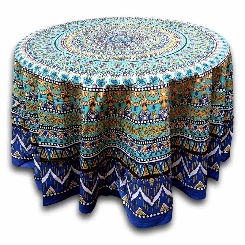 Floral Mandala Cotton Tablecloth Round, Blue Green Beach Sheet