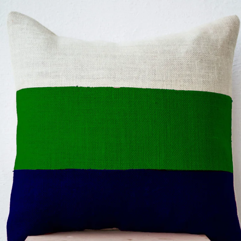 Modern Color block Pillow, Navy Green and white Burlap Throw pillow, Couch Pillow, Modern Decor