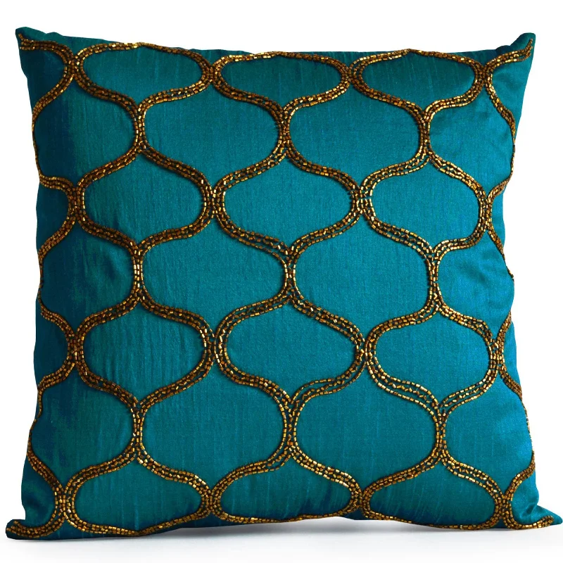 Designer Pillow Covers, Teal Pillow Covers, Turquoise Pillow, Brown Trellis Geometric Gold Pillows