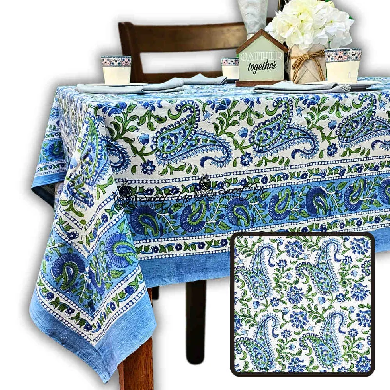 Parisian Paisley Floral Block Print Cotton Tablecloth Collection, Emerald Riviera