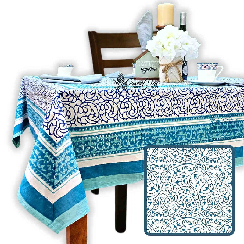 Cotton Eterna Vine Floral Tablecloth Rectangle White, Blue