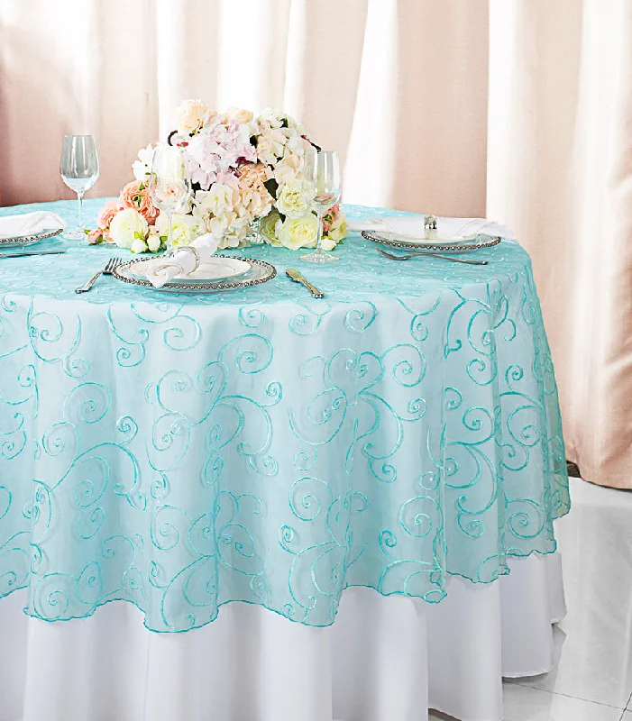 90" Seamless Round  Embroidered Organza Tablecloth/Table Overlays - Pool Blue (1pc)