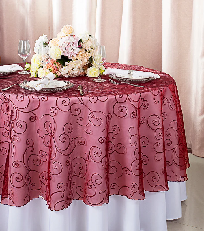 90" Seamless Round Embroidered Organza Tablecloth/Table Overlay - Burgundy (1pc)