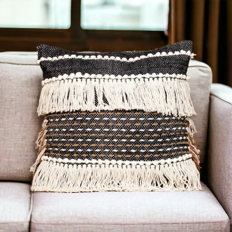 Black And Ivory Textured Throw Pillow