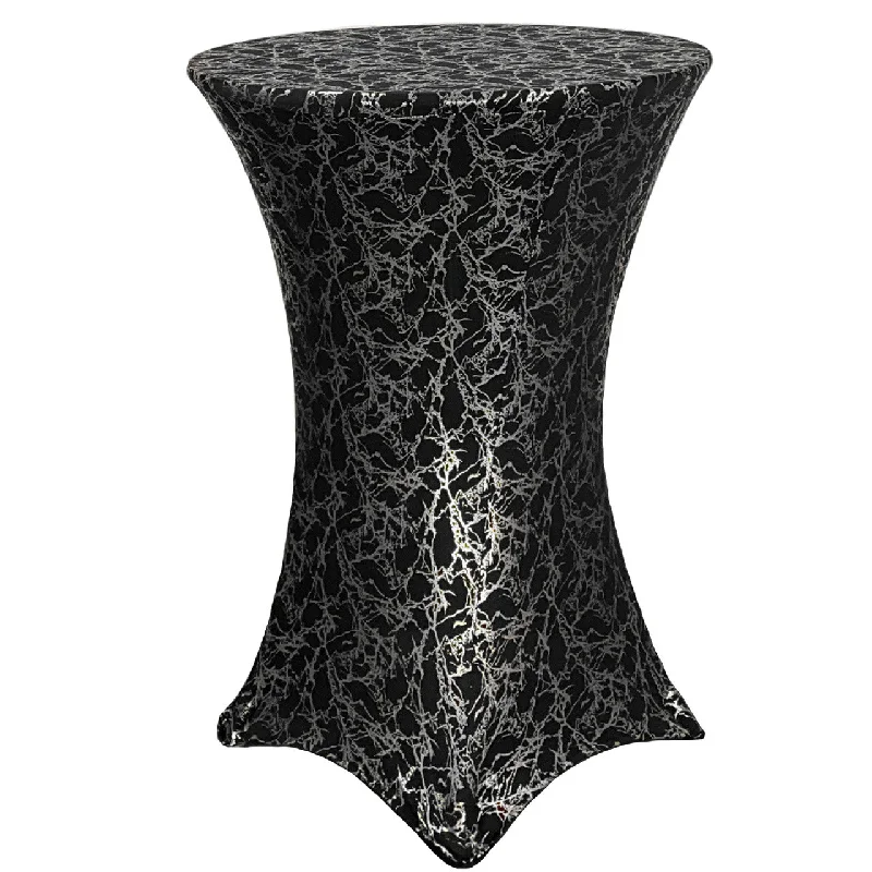 30 inch Highboy Cocktail Round Stretch Spandex Table Cover Black With Silver Marbling