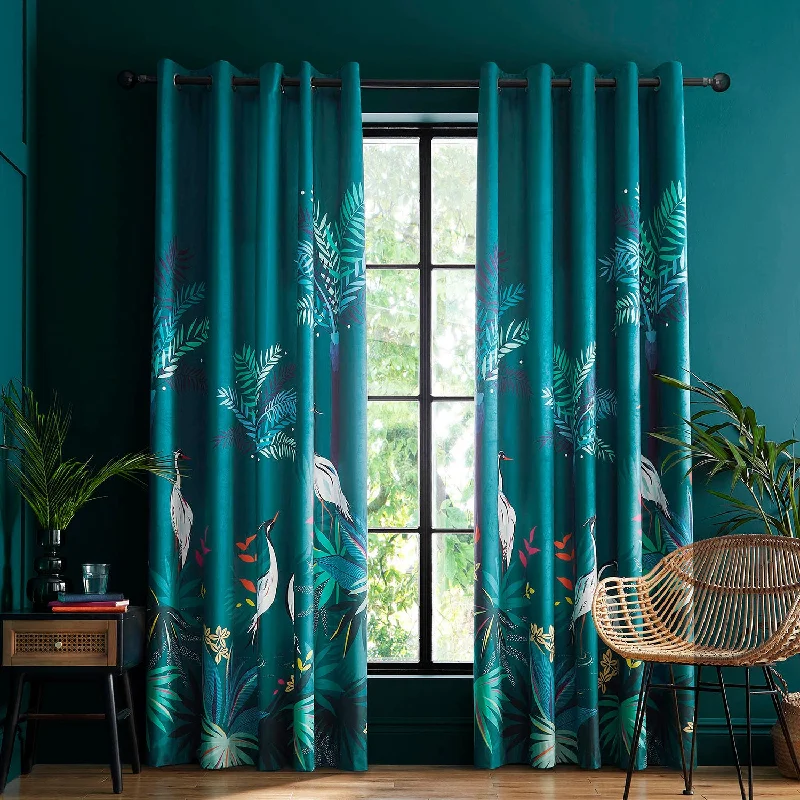 Sara Miller Teal Heron Velvet Lined Eyelet Curtains