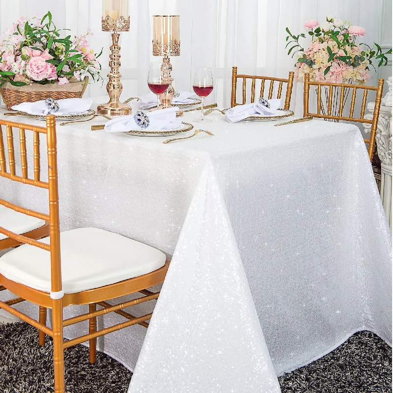 90"x132" Seamless Rectangular Sequin Taffeta Tablecloth - White (1pc)