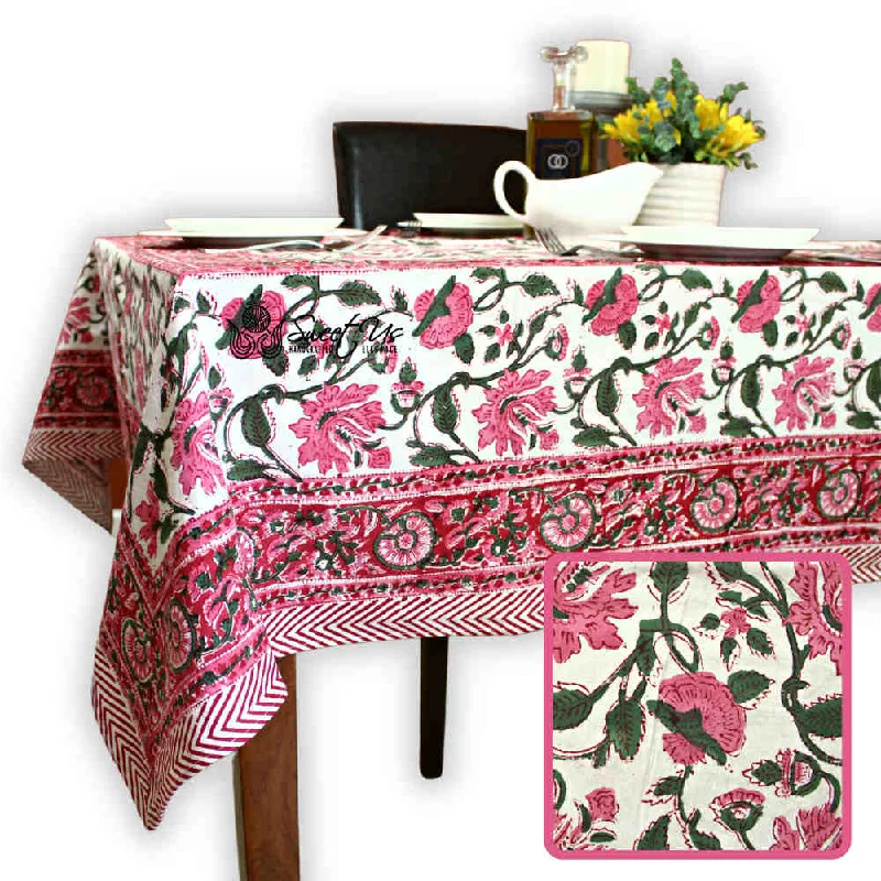 Floral Vine Block Print Tablecloth Rectangle Cotton, White Red, Table Linen