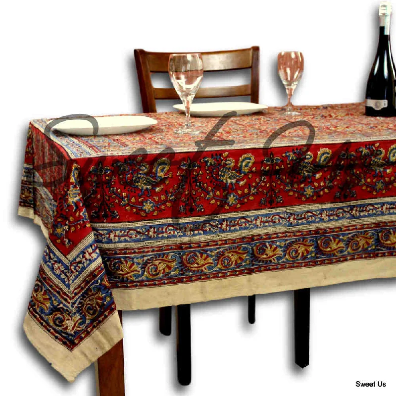 Cotton Vegetable Dye Hand Block Print Tablecloth Rectangle Red Gold Beige