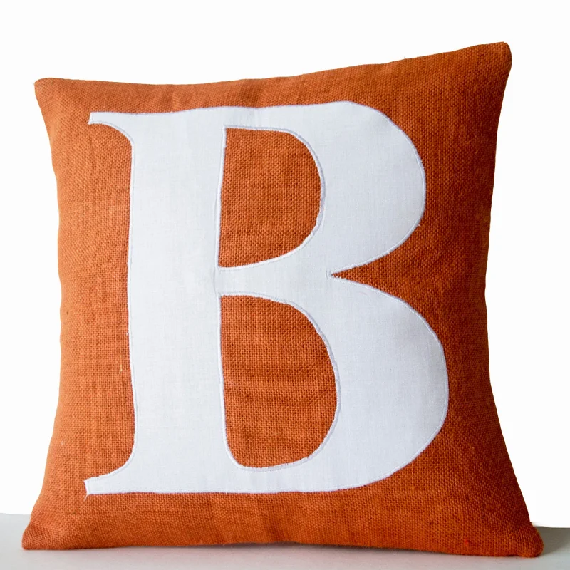 Monogram Pillow Cover, Initial Pillow Orange White Typography Pillow