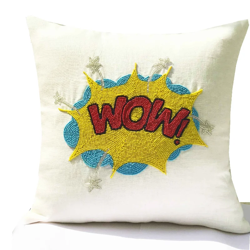 Pop Art Pillow Cover, WOW Linen Pillow, Pop Art Comic Book Action Words