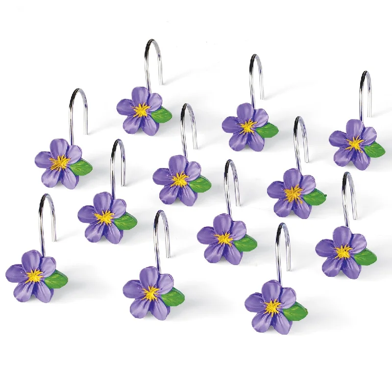 Decorative Flower Shower Curtain Hooks - Set of 12 - Purple